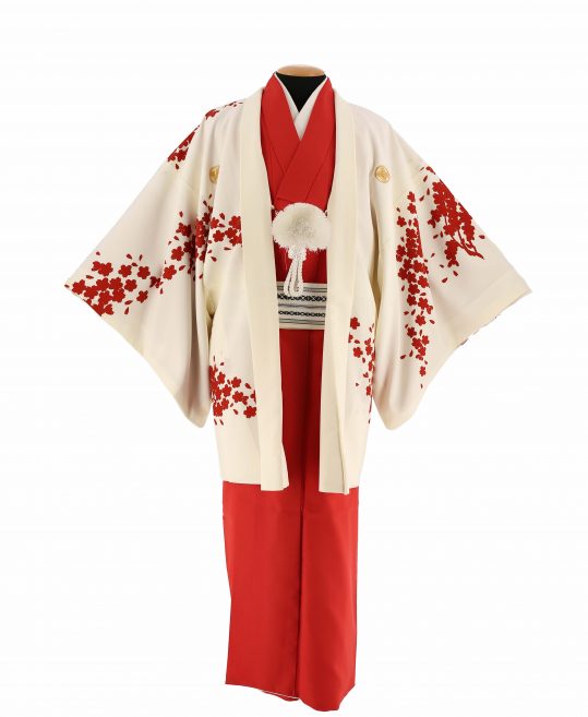 紋付袴レンタル・成人式・結婚式・卒業式|白に赤桜[身長172cm対応]No.312